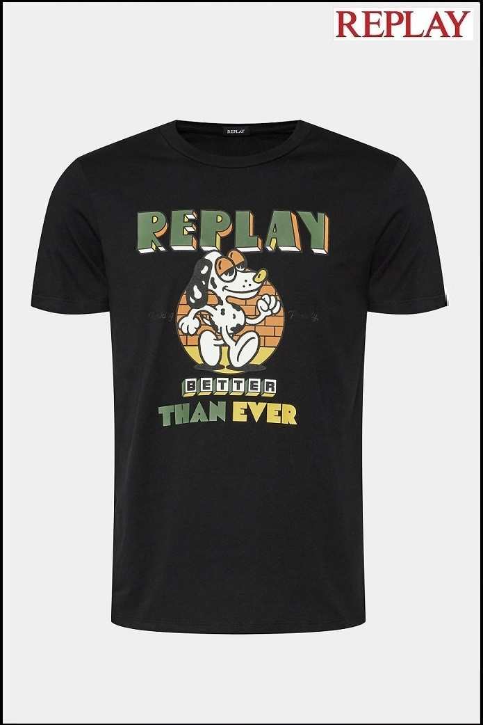 CAMISETA NEGRA CON ESTAMPADO PUG REPLAY