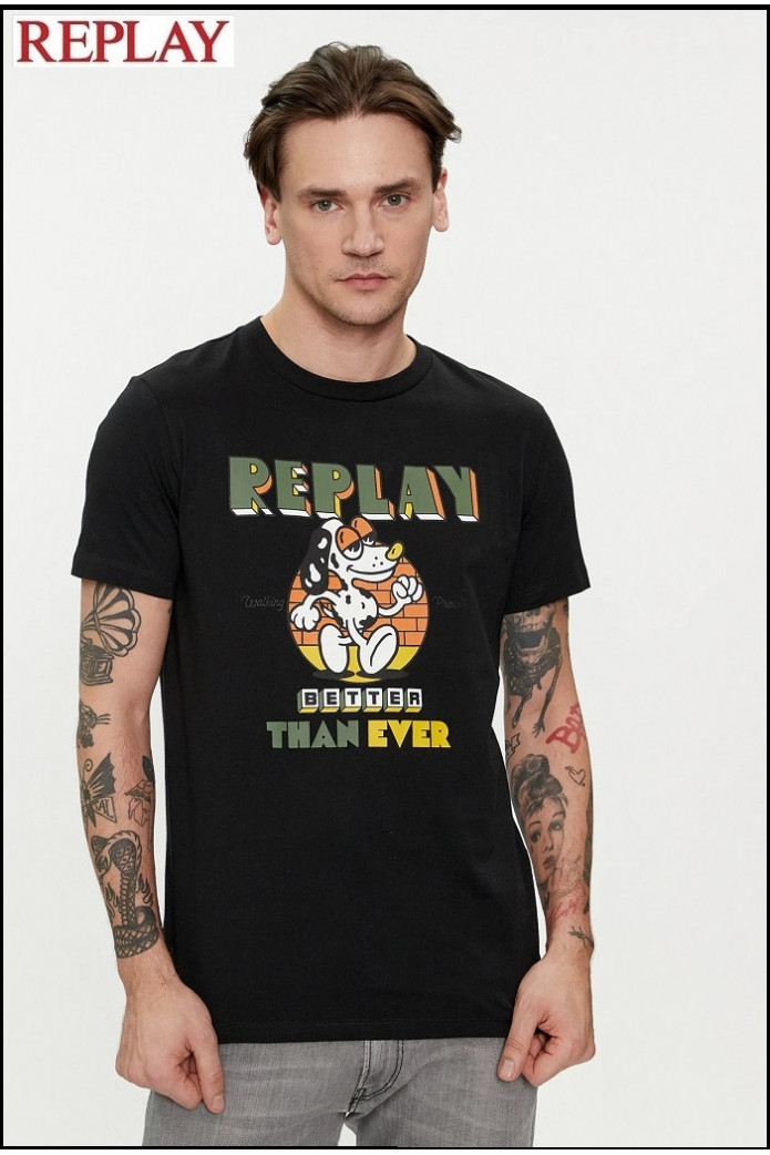 CAMISETA NEGRA CON ESTAMPADO PUG REPLAY