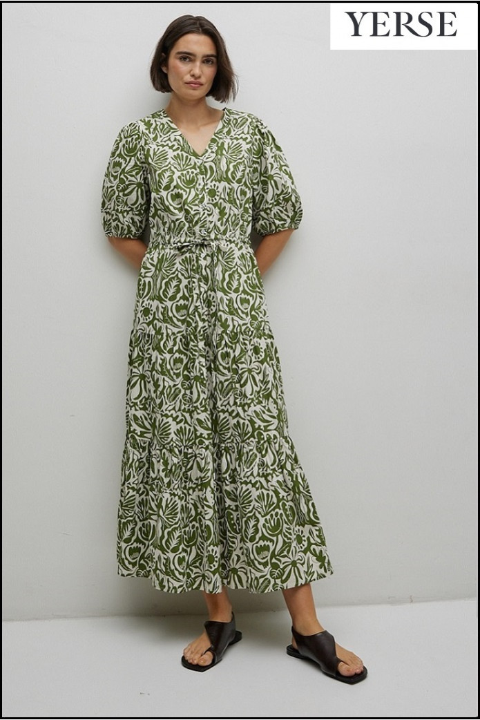 VESTIDO LARGO MANGA ABULLONADA VERDE YERSE