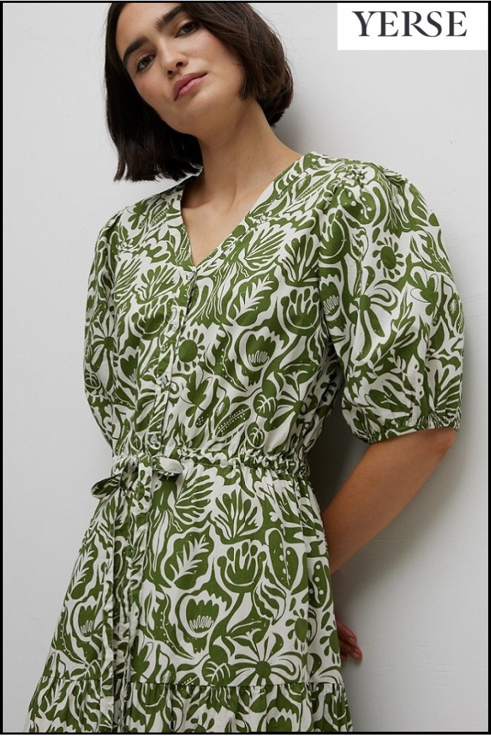 VESTIDO LARGO MANGA ABULLONADA VERDE YERSE