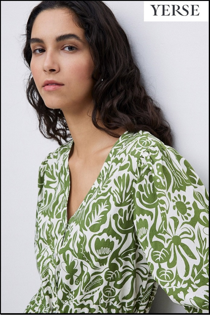 VESTIDO LARGO MANGA ABULLONADA VERDE YERSE