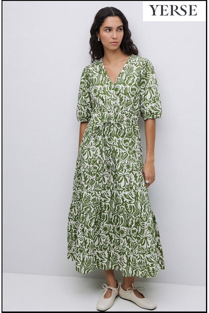 VESTIDO LARGO MANGA ABULLONADA VERDE YERSE