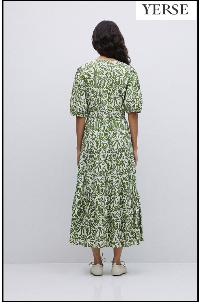 VESTIDO LARGO MANGA ABULLONADA VERDE YERSE