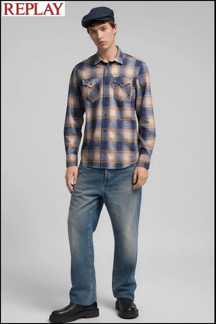 CAMISA DE ALGODÓN CON ESTAMPADO A CUADROS REPLAY