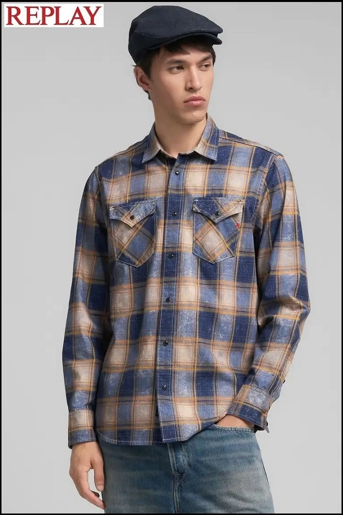 CAMISA DE ALGODÓN CON ESTAMPADO A CUADROS REPLAY