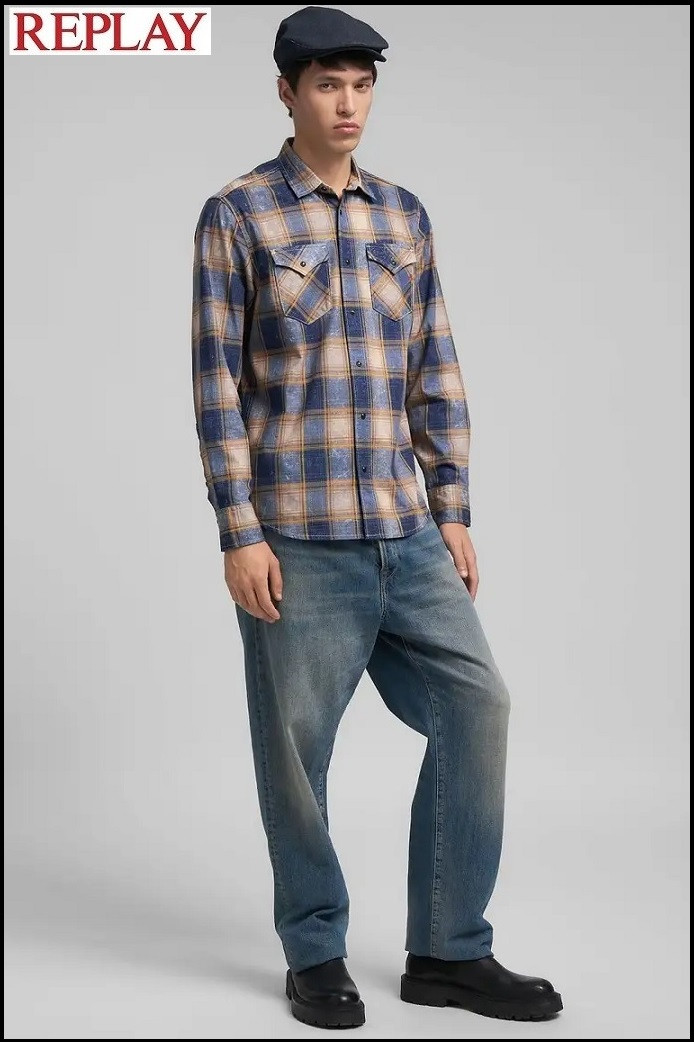 CAMISA DE ALGODÓN CON ESTAMPADO A CUADROS REPLAY