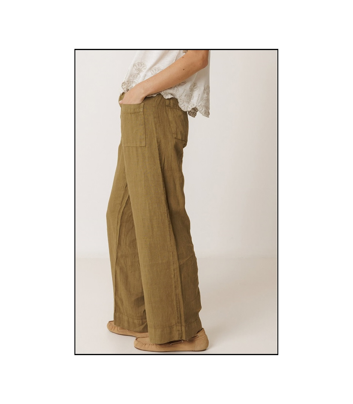 PANTALÓN FLUIDO LINO KHAKI INDI&COLD