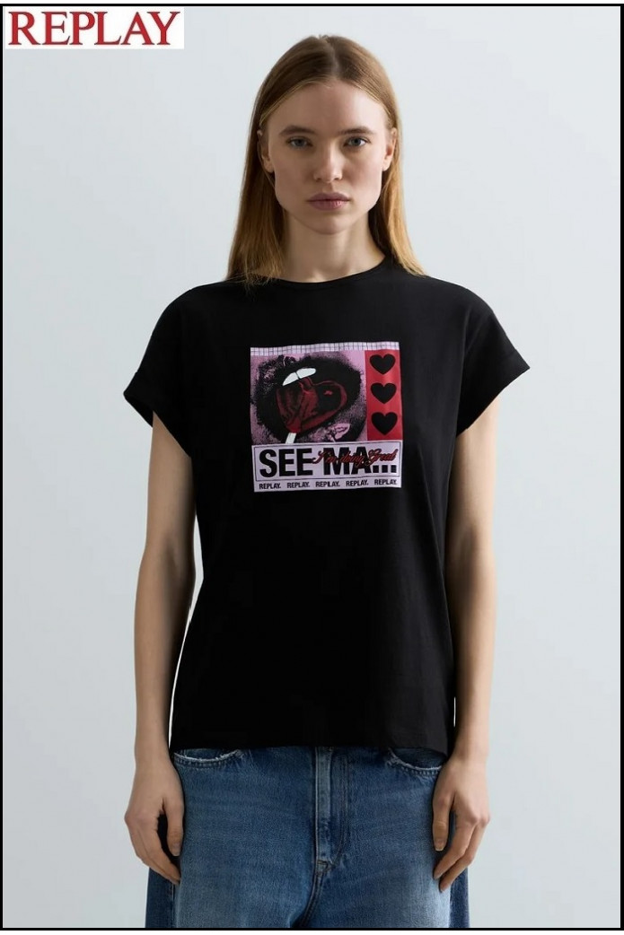 CAMISETA NEGRA DE PUNTO CON ESTAMPADO FOTOGRÁFICO REPLAY