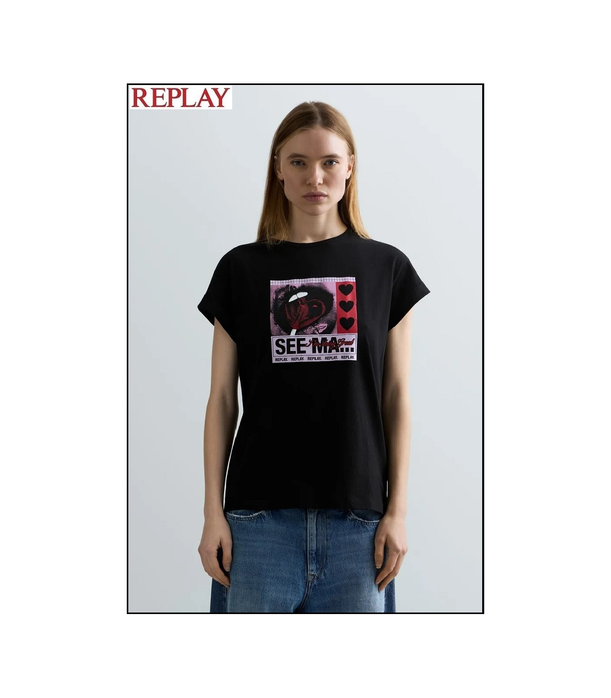 CAMISETA NEGRA DE PUNTO CON ESTAMPADO FOTOGRÁFICO REPLAY