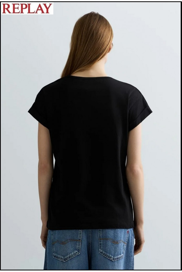 CAMISETA NEGRA DE PUNTO CON ESTAMPADO FOTOGRÁFICO REPLAY