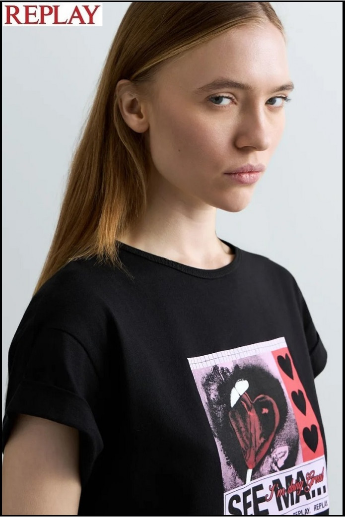 CAMISETA NEGRA DE PUNTO CON ESTAMPADO FOTOGRÁFICO REPLAY