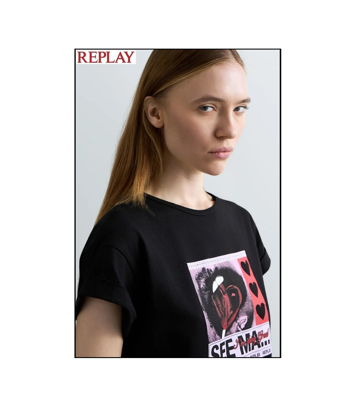 CAMISETA NEGRA DE PUNTO CON ESTAMPADO FOTOGRÁFICO REPLAY