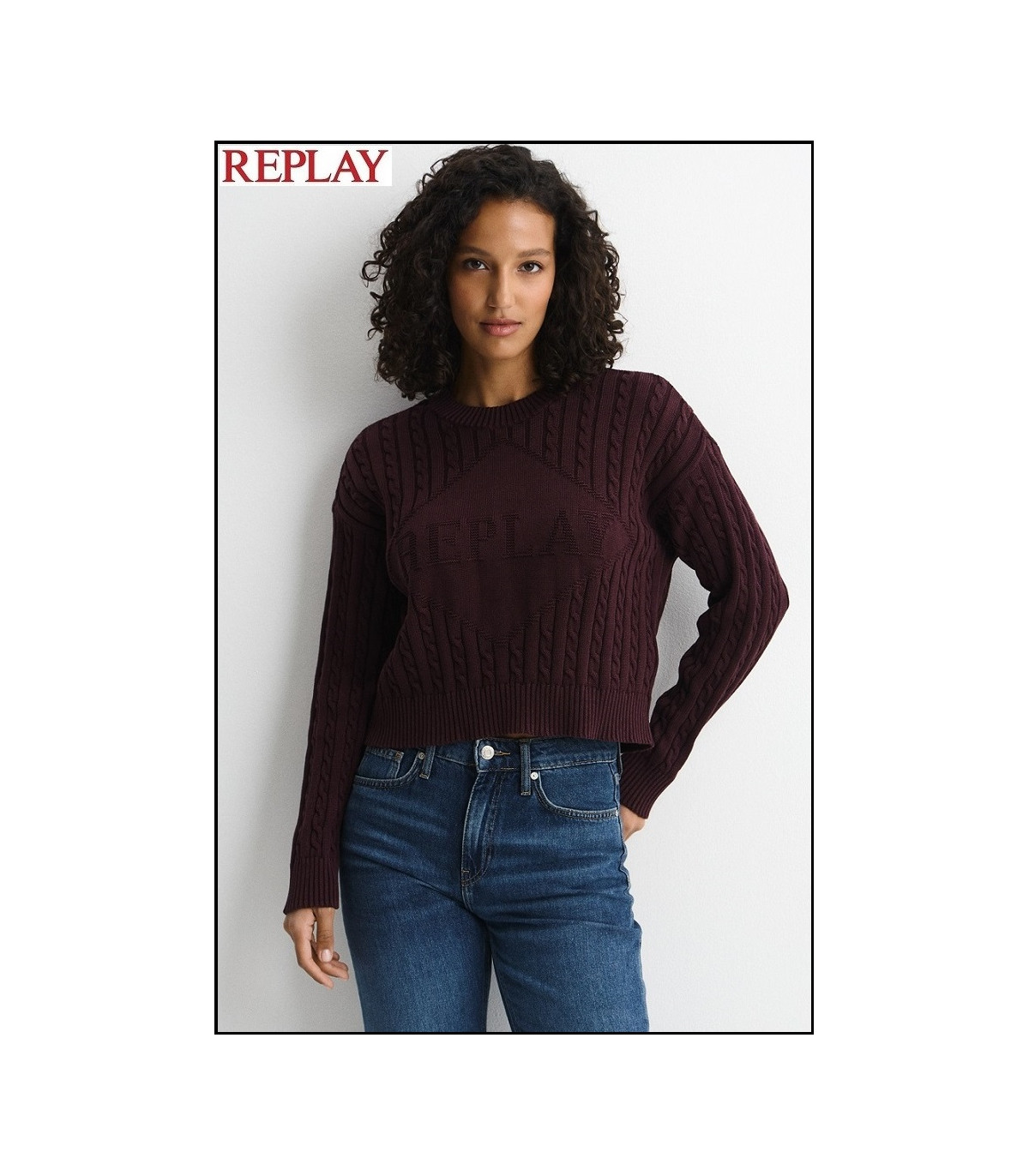 JERSEY MARRÓN CORTO DE TRENZAS CON LOGOTIPO REPLAY