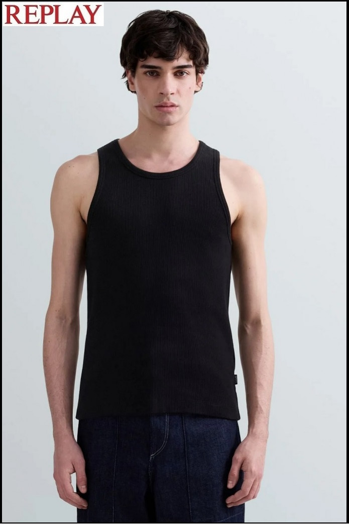CAMISETA NEGRA SIN MANGAS DE ALGODÓN ACANALADO