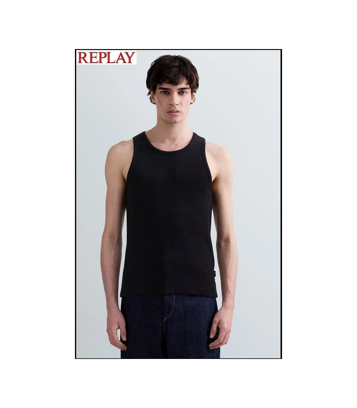 CAMISETA NEGRA SIN MANGAS DE ALGODÓN ACANALADO